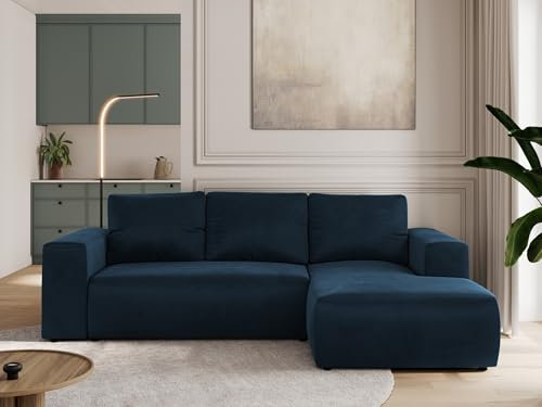 MKS MEBLE Sofa mit Schlaffunktion - Ecksofa mit Schlaffunktion und Bettkasten - Sofa 3 Sitzer - Schlafsofa - Couch - Schlafsofa mit Bettkasten - Trentino L - Dunkelblau Velvet - Rechts
