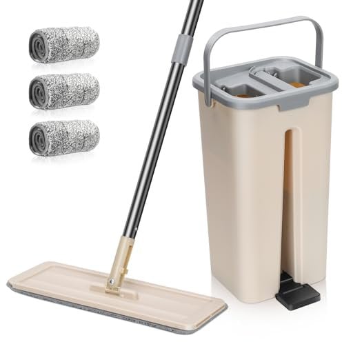 MASTERTOP Wischmopp Set mit Eimer, Bodenwischer mit Edelstahlgriff und 3 Moppkopf, 2 in 1 Putzeimer Set mit Wischmopp, Flachmopp Wischer mit Auswringfunktion für Hartholz Laminat Fliesen(Beige)
