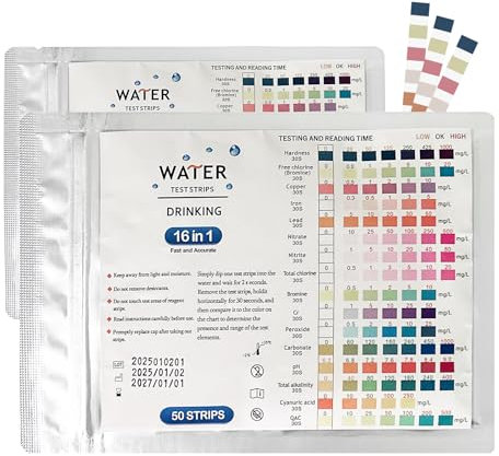 50 pezzi Tester d'acqua potabile 16 in 1,test durezza acqua,durezza acqua,rilevano la presenza di cloro, ferro, rame, nitrato e molto altro ancora