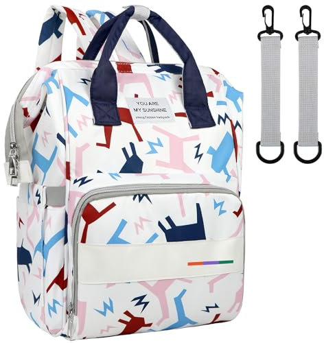 LEcylankEr Wickelrucksack Groß Kapazität Wickeltasche Rucksack aus Oxford-Stoff Baby Wickeltaschen mit Isoliertasche Baby Wickelrucksack für Unterwegs (Weiß - Bunt)