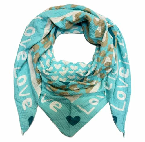 XL Dreieck Strickschal Herz Leopard Frühling Schal 100% Baumwolle Made in Italy Fashion Tuch Dreieckschal Stola Herbst Frühling Tuch Leo Love is Love Happy (Türkis)