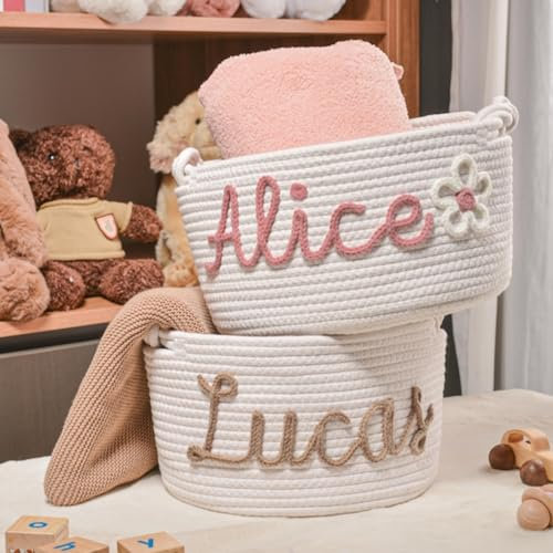 Cesta de regalo personalizada para bebé, cesta de cuerda de algodón para baby shower, cesta de juguetes, cesta de bebé con nombre personalizado, organizador de almacenamiento de juguetes para bebés,