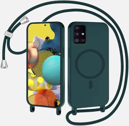 SLWYF Magnetische Handykette für Samsung Galaxy A51 5G Hülle mit Band, Handyhülle Kompatibel mit MagSafe, Silikon Necklace Handyhülle mit Abnehmbar Kordel zum Umhängen Case Samsung - Dunkelgrün