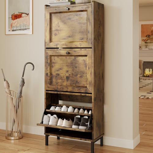 Bealife Schuhregal mit 3 Klapptüren, doppelte Tiefe, schmaler Organizer für den Eingang, 50 x 118 x 24 cm, für Flur, Schlafzimmer (Retro)