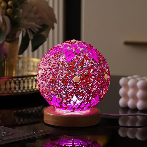 Marokko rosa Mosaiklampe Vintage Retro gefärbt türkisch marokkanisch böhmisch Tiffany Bettseite buntes handgefertigtes Glas mit Holz Basis USB Laden Dekor Licht für Schlafzimmer