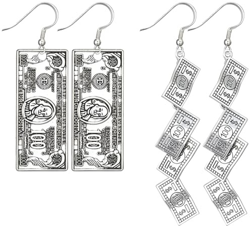 Liitata 2 Paar Vintage 100 Dollar Ohrringe Rechnung Geld Ohrringe Hip Hop Punk Rock Earrings für Frauen - Silber