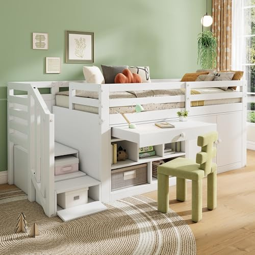3FT Single Bed Frame with Stairs&Storage Cabinets&Desk&5 Storage Compartments, Kids Mid Sleeper Multi-functional Cabin Bed for Children with Stable Railings&Slatted frame, Solid Wood, White, 90x190cm
