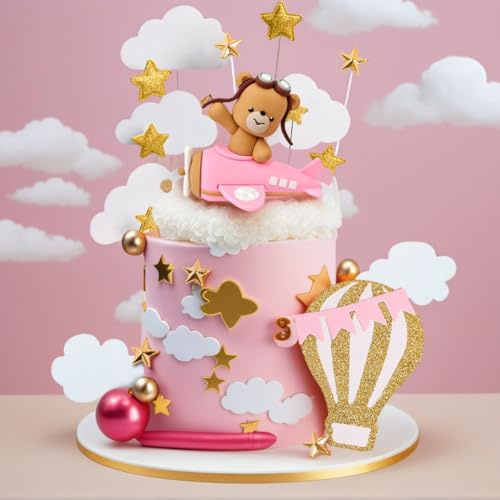 Rosa Flugzeuge Teddybär Kuchen Dekoration Heißluftballons Flugzeug Kuchen | Rosa Flugzeuge Teddybär Kuchen Dekoration Heißluftballons Flugzeug Kuchen Dekorationen Flugzeug Kuchen Topper für Zeit fliegt