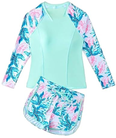 Enfant Fille Maillot de Bain 2 Pièces Anti UV Protection Solaire T-Shirt Manches Longues Imprimé Licorne et Short de Bain 11-16 Ans