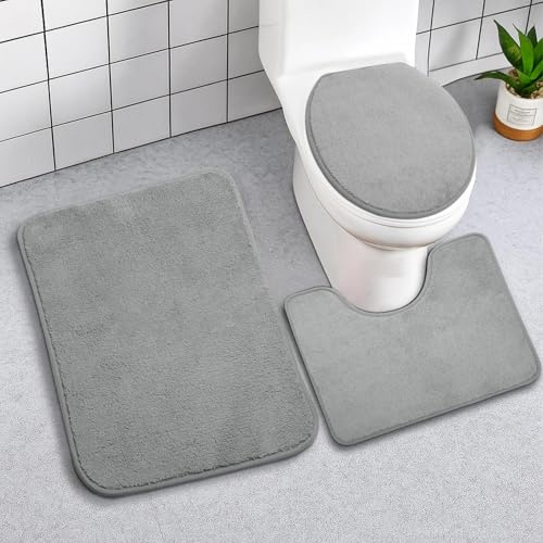 APOMOONS 3 Piezas Alfombra Baño con U Forma, Alfombrilla Baño Antideslizante, Alfombra de Baño Lavable A Máquina, Bathroom Mat para Inodoro, Bañera, Ducha Gris
