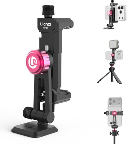 ULANZI MA51 Metal Phone Tripod Mount, Phone Clamp with Arca UKA Base, Cold Shoe, Arri Locating Holes, 360° Swivel 180° Tilt, Cell Phone Holder Compatible with iPhone 17 16 15 14 Samsung Cell Phone