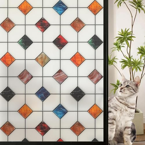dktie Fensterfolie Blickdicht Sichtschutzfolie Fenster Milchglasfolie Buntes Karomuster Statische Aufkleber ohne Klebstoff Wiederverwendbar Geeignet für Wohnzimmer, Küche 44.5x200cm