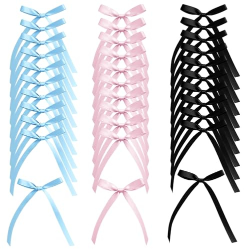 60 PCS Bows for Cake Decorations, Cake Bows, Colorful Ribbon Bows for Birthday Wedding Baby Shower Party, Cake Topper Supplies for DIY Dessert Decor,Party Anniversary (Pink, Black, Blue)