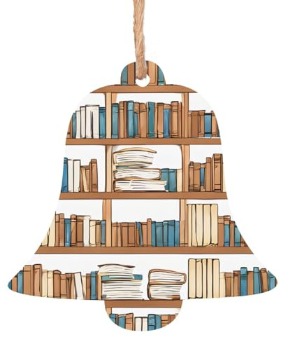 Book Shelves Collection and Ladder -Print Handmade Christmas Wooden Ornaments 6 Pcs, Eco-Friendly Holiday Decor Hemp Rope For Tree Wall Party Decoration. Bell Shape