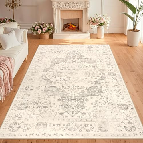 TUKDAK Vintage Teppich Wohnzimmer 120x180cm, Waschbarer Teppich Schlafzimmer, Boho Kurzflor Esszimmer Teppiche, Weich rutschfest Teppiche für Küche Kinderzimmer, Beige