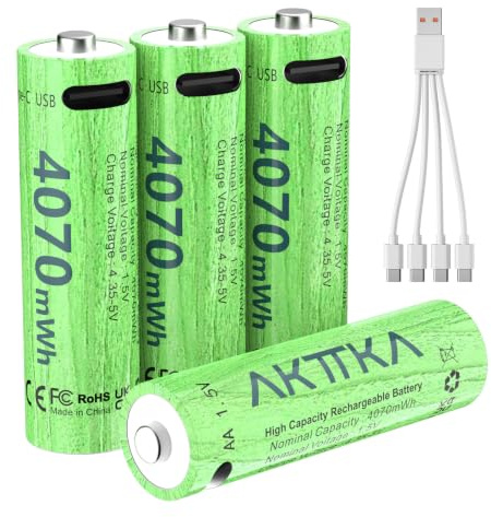 AKTTKA Lot de 8 Piles Lithium AA Rechargeables Directement avec Câble Type-C, 3071 mWh/1,5 V Tension Constante, 2047 mAh pour Jouets, Télécommandes, Appareils Photo, Consoles de Jeux