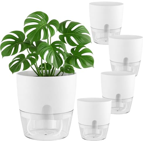 Planterhoma 5 Pack Self Watering Pots for Indoor Plants, 9 Inch Plant Pot Plastic Self Watering Planter for Orchid, Monstera, Lily, Large Clear Flower Pots with Drainage Holes and Wicking Rope, White