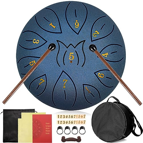 Purpledi Tongue Drum 11 Noten 6 Zoll, Zungentrommel Scheibentrommel, Steel Pan Töne Schlaginstrument Hand Pan Drum Percussion Instrument mit Schlägeln,Fingerpick,Musikbuch und Bag (A)