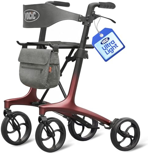 VOCIC Z75 Carbon Rollator Faltbar und leicht mit Sitz, 5,5kg Ultralight Rollator Schmal für Wohnung, Indoor & Outdoor Faltbarer Rollatoren Klappbar für Senioren, Max. 136kg, 5 Jahre Support, Nachtrot