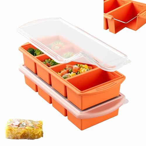 Theuwnee® 2-Pack Silicone Freezer Tray with Lid - Soup Freezer Container molds - Large Ice Cube Tray- Makes 8 Perfect 1 Cup portions Cubes, Freezer Storage Food Soups & Meal Prep (Orange)