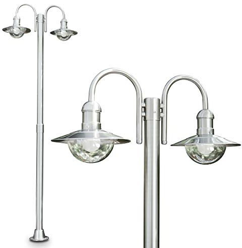 Außenleuchte Elima, Kandelaber aus Edelstahl in modernem Design, mit Lampenschirmen aus Kunststoff, 2-armige Wegeleuchte 200 cm, Gartenlampe mit E27-Fassung, IP44, ohne Leuchtmittel