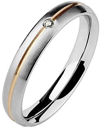 Paula & Fritz® Band Ring aus Chirurgenstahl Edelstahl 316L mit Streifen Roségold und einzelnem Stein 47 (15)