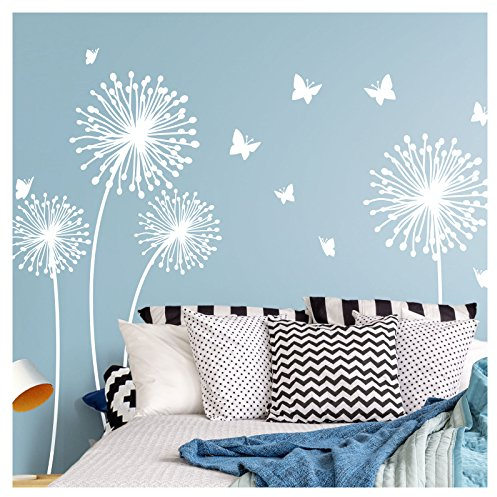 Wandora Wandtattoo 4 Pusteblumen Schmetterlinge I weiß XL-Set I Kinderzimmer Flur Wohnzimmer Schlafzimmer Wandsticker Sticker Aufkleber Wandaufkleber W1509