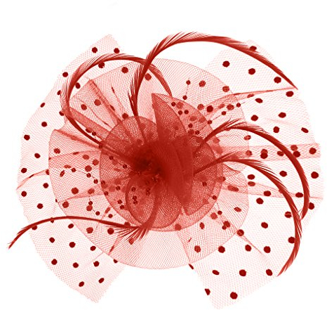 FakeFace Tüll Fascinator Hüte mit Feder Blumen Haar Clip Haarreif Haar Accessoire Schleier Tea Party Hochzeit Kirche,er Haarschmuck Kopfschmuck, M, Rot