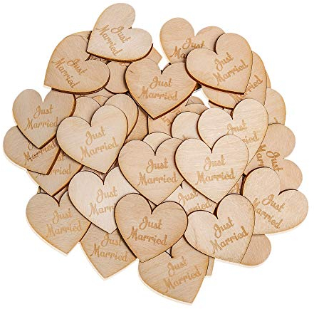 100 Stück 50mm Streudeko Herzen - Gravur mit Just Married - Verzierungen Hochzeitsgeschenk & Hochzeitsdeko - Deko Holzherzen für Tischdeko & Tischschmuck DIY Vintage