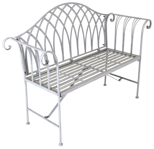 Charles Bentley Decorative, Wrought Iron, Outdoor, Rustic, Bench, For Patio, Garden, Balcony, Decking, Furniture, 2 Seater, with Elegant Curved Armrest, Rustproof, Stylish, Grey (128x44x93cm)