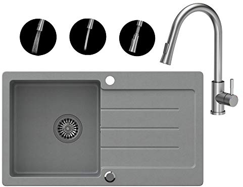 VBChome Fregadero de granito gris, 77 x 44 cm, empotrable, reversible, con sifón