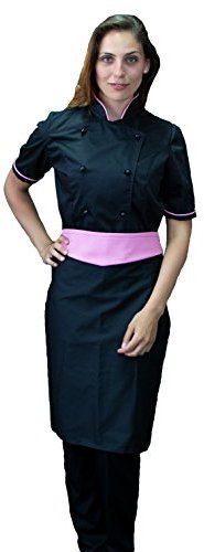 tessile astorino Broderie gratuite – Divisa Cuisine pour femme – Noir et rose – 3 pièces – Veste manches courtes, pantalon et tablier – Ensemble pour cuisine et restaurant – Fabriqué en Italie - Noir