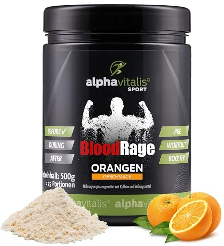 PRE WORKOUT BOOSTER 500g Blood Rage + Koffein - leckerer Orangen Geschmack | Max Pump - L-Arginin, L-Citrullin, Creatin Monohydrat, beta Alanin, Taurin, Bitterorangenextrakt, Guarana uvm.