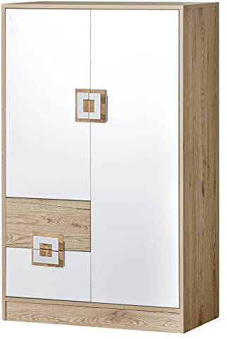 Marmex Nico N7 Hochkommode - Große Kommode - Hochschrank mit Regalen - Kommode für das Jugendzimmer, für das Kinderzimmer - Eiche Hell + Weiß + Eiche hell - 80x130x40cm