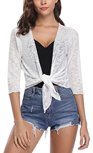 Gyabnw Bolero Damen Strickjacke 3/4 Ärmel Sommermode Cardigan Leicht Durchsichtige Bolerojäckchen Schulterjacke Vorne-Offen Shrug Top Perfekt für Urlaub und Alltag
