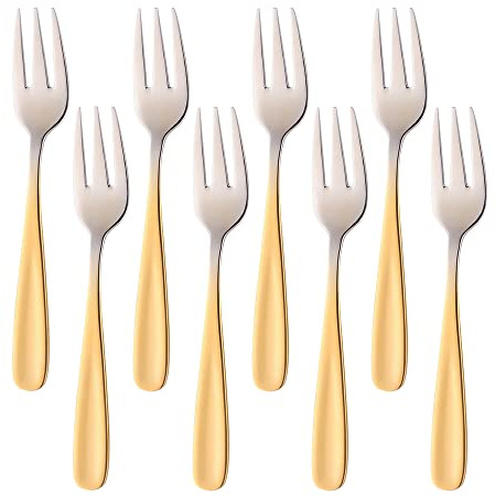 BISDARUN Rostfreier Stahl Kuchen Gabel 3 Zinken Obst Gabel 8-teilig Gradient Gold Gabeln Satz Spiegelpolitur ideal für Hochzeitsfest Dessert