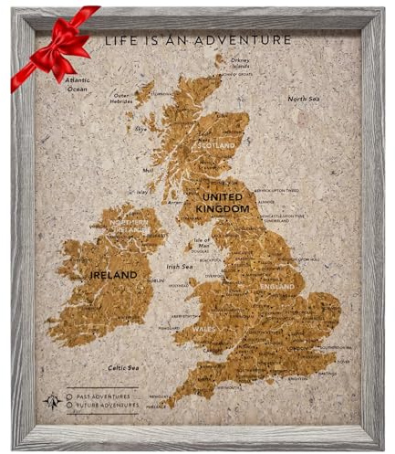 Splosh Travel Map - Desk UK Map Pin Board Grey Cork with Wooden Frame for Desk Personalise and Mark Past & Future Adventures Countries Cities with 100 Pins in 2 Colours the UK & Ireland