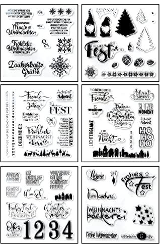 Silikonstempel Weihnachten Deutsch, 6 Blätter Clear Stamp Weihnachten, Frohe Weihnachten Stempelset, Silikonstempel Winter, Clear Stempel Set für DIY Bullet Journal Scrapbooking Fotoalbum