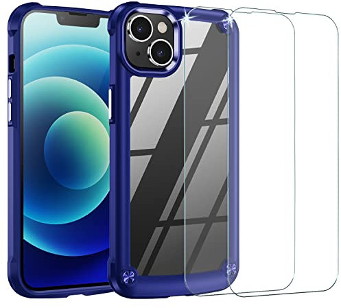 TECHGEAR iPhone 14 Plus Tough Case, [Fusion Armour] + 2 Pack Glass Screen Protector, Premium Hybrid Rugged Protective Bumper Case Heavy Duty Protection, Clear Back Designed For iPhone 14 Plus - Blue
