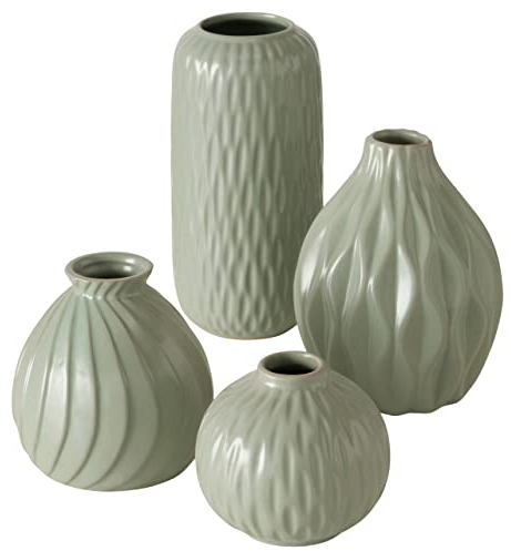 Boltze Vasen Set Zalina 4-teilig (grün, Blumenvasen Porzellan lasiert, Deko-Vasen verschiedene Muster + Größen, Höhe 9-19 cm, ø 9-11 cm) 2025736