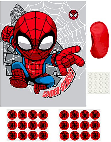 Volsha Pin the Spider on the Spiderman Game, 52×42cm Spiderman Party Game for Kids Girls with 24 PCs Spider Birthday Party Supplies for Wall Home Room Decorations (Spiderman)