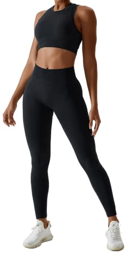 Gym Set Damen Zweiteiler Frauen BH Oberteile Crop Tops+High Waist Leggings Lang Leggins Workout Outfit Yoga Sportanzug Sportkleidung Fitness Bekleidung Sportsachen Trainingsanzug Schwarz Leggings M
