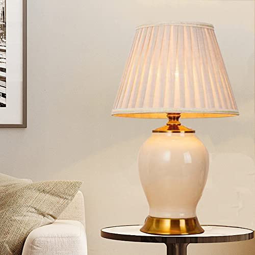 Mengjay Tischlampe Keramik, Vintage Nachttischlampe Lampenschirm aus Leinen Schreibtischlampe, Schlafzimmer/Wohnzimmer/Arbeitszimmer/Esszimmer (Weiß)