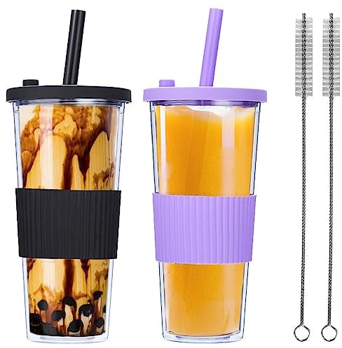 WUVCDI 2 Pack Reusable Boba Tea Cups, 24oz Leakproof Clear Plastic Tumbler with Straw and Lid, Iced Coffee Cup, Double Wall Smoothie Tumbler, Wide Straw for Bubble Tea (Black & Purple)