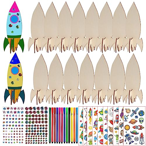 231Pcs Raketen Holz Bastelset, Raketen Spielzeug fürr Kinder, Kindergeburtstag Basteln, mit 15 Raketen Holz, 202 Strasssteine, 12 Farbstifte, 2 Aufkleber, Bastelset für Mädchen/Jungen DIY Handwerk B
