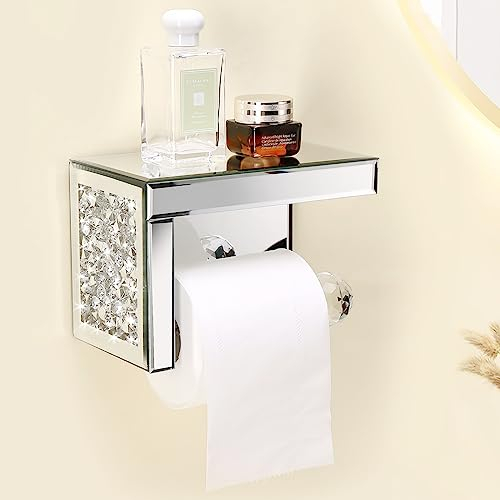 TACIDON Crystal Crush Diamond Toilettenpapierhalter mit verspiegeltem Regal Silber Modern Toilettenpapierhalter Wandmontage Glamouröser Spiegel Toilettenpapierrollenhalter für Badezimmer Waschraum