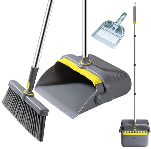 Broom Brush with Dustpan Combo Set with 50 Long Handle, Windproof Stand Up Dustpan for Home Kitchen Room Office Lobby Floor Use
