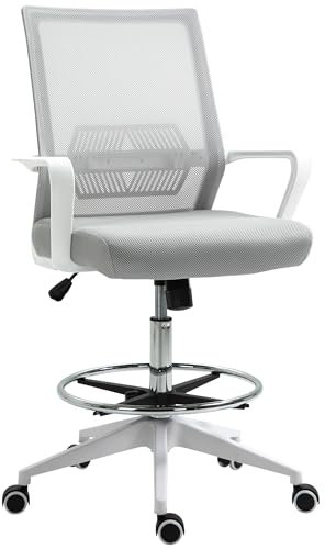 Vinsetto - Silla de oficina con asiento alto ajustable, taburete de oficina giratorio de 360°, color gris y blanco, malla transpirable