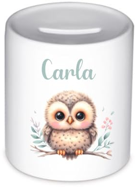 minimutz Spardose Eule für Kinder – Personalisierte Sparbox Tiere Jungen Mädchen – Runde Keramik Sparbüchse 8x9.5 cm - inkl. Wunschnamen Bedruckt