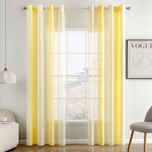 MIULEE Gardinen Gestreift Transparent mit Ösen, Voile Vorhänge Wohnzimmer Modern 2er Set, Vorhang Schlafzimmer Transparent mit Gelb Weiss Gestreift Muster, Vorhang Halbtransparent Streifen 140X225 cm